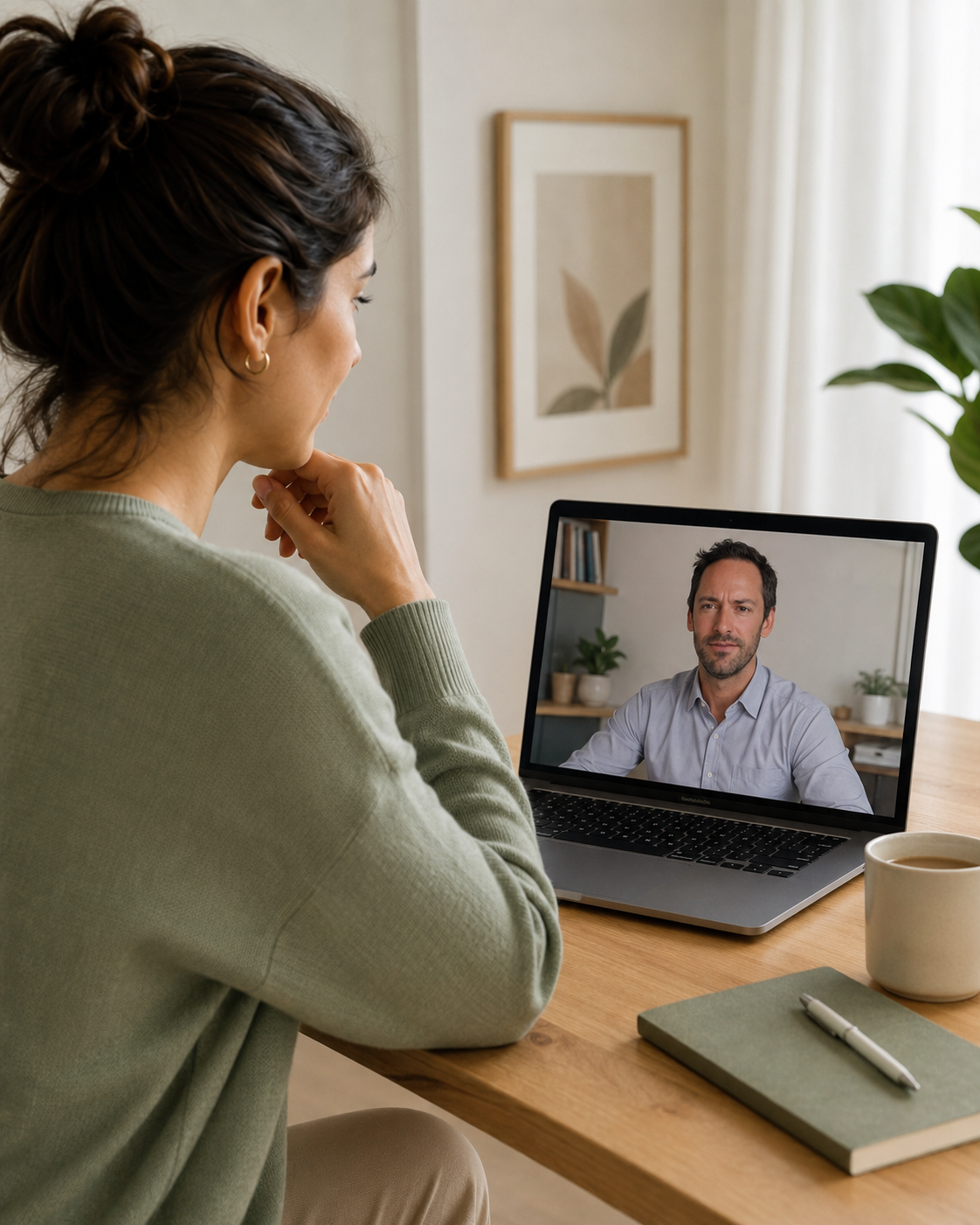 Online psychiatric consultation — patient on video call with psychiatrist